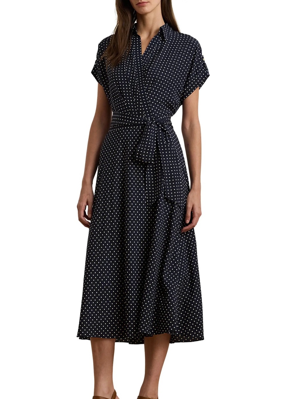 Ralph Lauren Navy and White Polka Dot Wrap Midi Dress